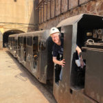 Author on mercury mine train in Almaden